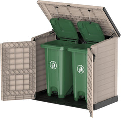 Duramax StoreAway 1200L Plastic Garden Shed/ Flat Lid, Outdoor Storage Shed, Wheelie Bin Hideaways, Wheelie bin box, Durable Construction, Ideal for Bikes, BBQs & 2x 240L Bins, 145x85x125 cm, Brown