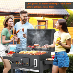 Barbecue Charbon de Bois XL, Chariot à Barbecue, Grill XL à Charbon avec Couvercle, Roues et Thermomètre, Réglable en Hauteur, Grand Barbecue au Charbon de Bois, pour Camping et Jardin, Noir