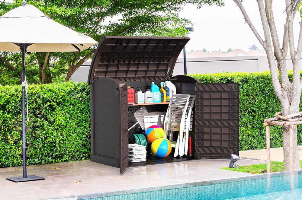 Duramax StoreAway 1200L Plastic Garden Shed/ Flat Lid, Outdoor Storage Shed, Wheelie Bin Hideaways, Wheelie bin box, Durable Construction, Ideal for Bikes, BBQs & 2x 240L Bins, 145x85x125 cm, Brown