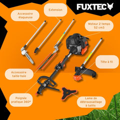 Fuxtec Débroussailleuse Thermique Multifonction 5 en 1 Multitool FX-MT152E - Easy Starter 3CV 52 cm³, Moteur 2 Temps, Élagueuse Taille Haie Coupe Bordure Avec Fil ou Lame 1 Mètre Rallonge