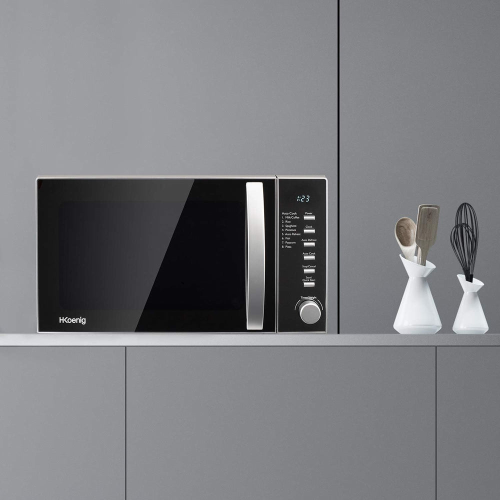 H.Koenig Four à Micro-ondes Compact Digital 20L VIO2, 700W, Plateau tournant 24,5cm, Multifonction Programmable 6 niveaux de chauffe, Décongélation et Express, Minuterie 60min, Effet mirroir noir