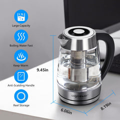 Aigostar Cris - Bouilloire en verre Température Réglable 2200W, 1.7L. Thermostat Réglable (60 à 100ºC) et fonction maintien au chaud, Filtre à thé amovible, éclairage LED de couleurs, Sans BPA.