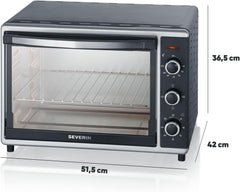 SEVERIN Mini-Four à chaleur tournante 42 L avec pierre à pizza et tournebroche, Four posable 1 800 W design élégant, électrique avec minuteur 120 min, Noir/Inox, TO 2058