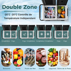 Glacière Électrique Portable Double Zone 40L Réfrigérateur de Voiture 12 V à Compresseur -20℃ ~ 2012/24V CC et 100-240V CA Noir -