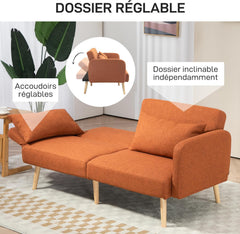 HOMCOM Canapé Convertible 3 Places, canapé-lit 2 Places, Dossier inclinable et accoudoirs réglables, canapé clic clac en Tissu Effet Lin, Pieds en Bois Massif, 2 Coussins lavables, Marron