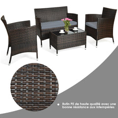 Salon de Jardin 4 PCS Mobilier de Terrasse en Rotin PE pour Véranda Patio Terrasse Piscine Marron et Gris