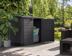 Duramax StoreAway 1200L Plastic Garden Shed/ Flat Lid, Outdoor Storage Shed, Wheelie Bin Hideaways, Wheelie bin box, Durable Construction, Ideal for Bikes, BBQs & 2x 240L Bins, 145x85x125 cm, Brown