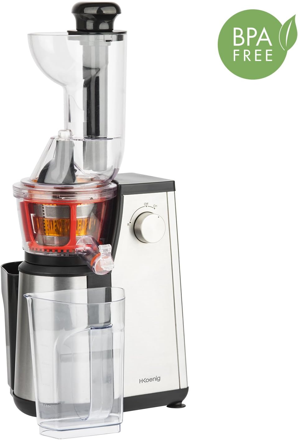 Extracteur de Jus de Fruits et Légumes vertical GSX24 H.Koenig Centrifugeuse Vitamin + sans BPA - 82 mm Large Bouche - 3 tamis pour jus fin ou épais et sorbet - Pression douce - 50 tours 400 W