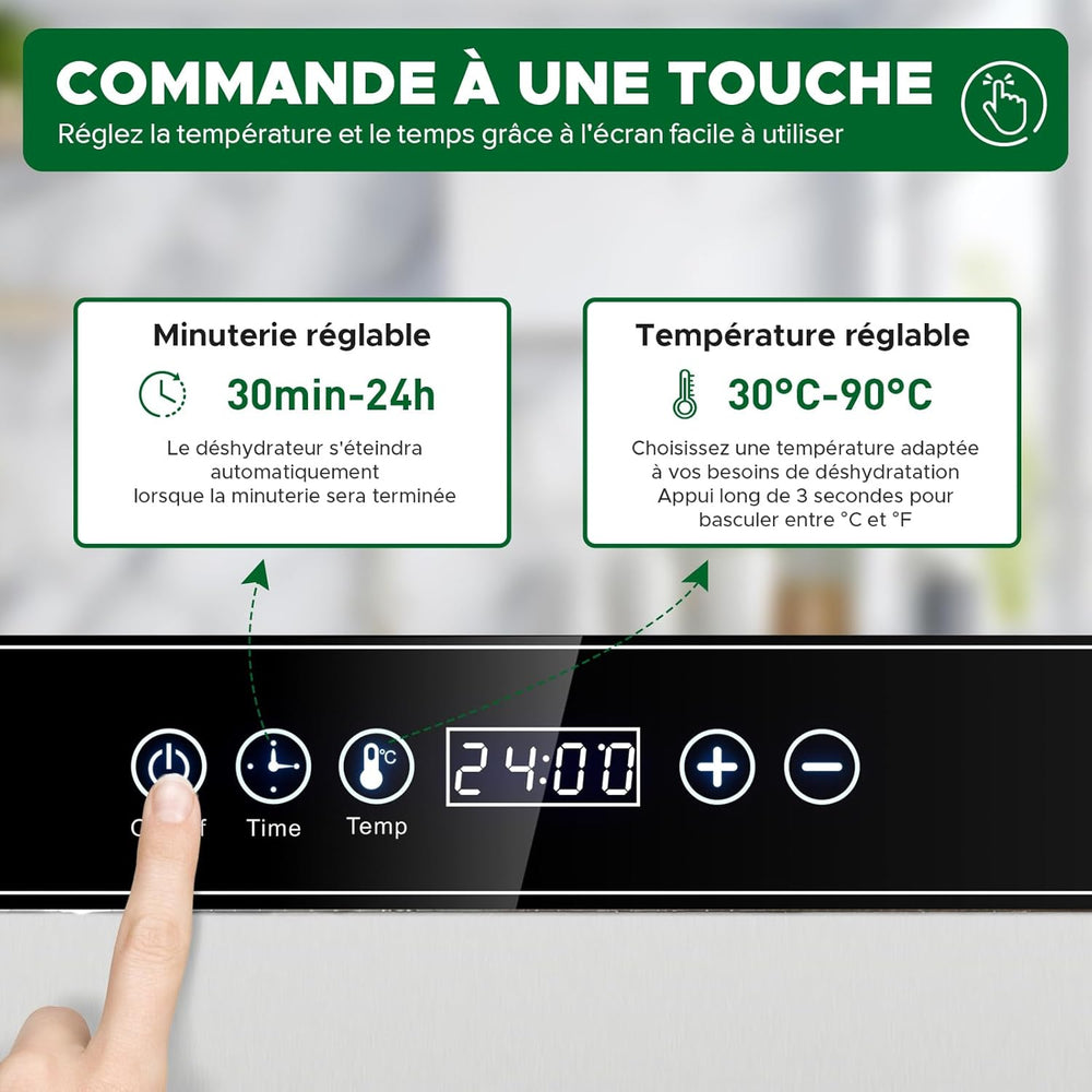 Kwasyo Food Dehydrator, 10 Trays • Desiccator with Timer (24H) • Fruit and Vegetable Dehydrator Adjustable Temperature (30 to 90°C) + 1 x Recipe Book