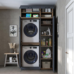 ROOMART Dora - Armoire de machine à laver - Pour sèche-linge et machine à laver - En 4 couleurs - Avec portes et panneau coulissant - Blanc - Chêne blanc - Chêne anthracite - Chêne blanc (chêne blanc)