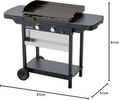 Campingaz Plancha EXB Plus, plancha au gaz sur chariot, grill gastronomique avec plaque en acier émaillé et 2 brûleurs, puissance 7500 W, pour des grillades méditerranéennes, Noir