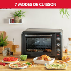 Moulinex Four électrique 39 L, 7 modes de cuisson, Chaleur tournante, Thermostat réglable jusqu’à 240° C, Tournebroche, Minuteur 120 min, Grille réversible, Optimo noir OX485810