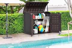 Duramax StoreAway 1200L Plastic Garden Shed/ Flat Lid, Outdoor Storage Shed, Wheelie Bin Hideaways, Wheelie bin box, Durable Construction, Ideal for Bikes, BBQs & 2x 240L Bins, 145x85x125 cm, Brown
