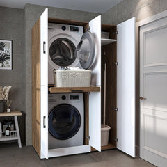 ROOMART Dora - Armoire de machine à laver - Pour sèche-linge et machine à laver - En 4 couleurs - Avec portes et panneau coulissant - Blanc - Chêne blanc - Chêne anthracite - Chêne blanc (chêne blanc)