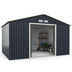 Abri de Jardin en Métal & Extension 10.85㎡ avec 2 Portes Coulissantes Verrouillables 4 Trous d’Aération Gris pour Vélo