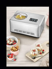 SEVERIN EZ 7405 2-in-1 Ice Cream Maker, Includes Ice Cream Container (2L) and Recipe Book, Digital Timer, Lid Open, Silver
