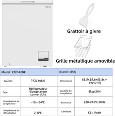 Congélateur coffre CHiQ 142L, 63,5 x 55,6 x 83,5cm, Congélateur Inverter, Affichage de la température extérieure, Mode de congélation rapide -32℃, Grille métallique,Faible bruit