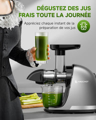 AMZCHEF Extracteur Jus - Extracteur de Jus de Fruits et Légumes - Presses-agrumes à Froid sans BPA avec 2 Tasses et Brosse - Fonction de Mastication Inversée pour Éviter les Blocages - Argent