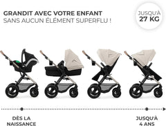Kinderkraft MOOV2 Poussette 3 en 1, Système de voyage de la naissance à 27 kg, Siège auto Mink PRO I-Size inclus, Capote extensible avec filtre UPF50+, Accessoires pratiques, Gris