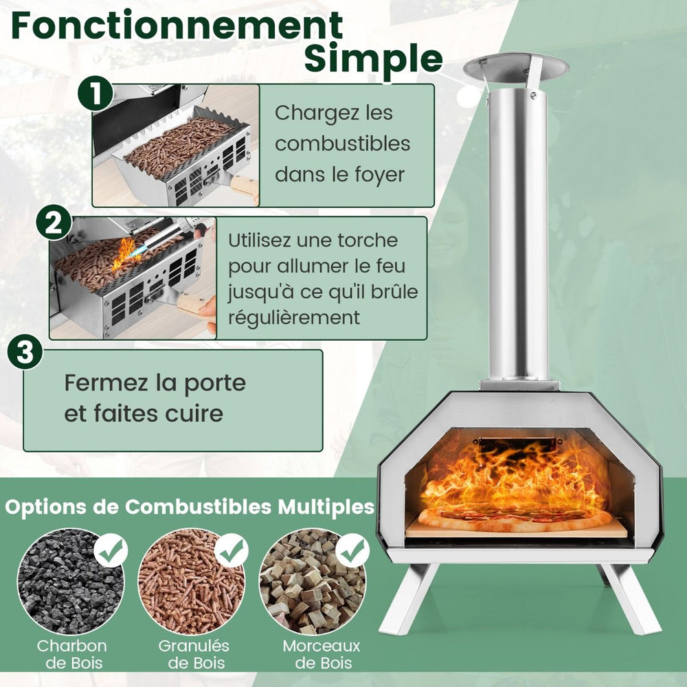 Four Pizza Extrieur en Acier Inoxydable avec Pierre Pizza de 30,5cm Four Bois pour Pizza avec Pelle Pare-feu Pieds Pliables -