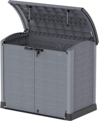 Duramax StoreAway 1200L Plastic Garden Shed/ Flat Lid, Outdoor Storage Shed, Wheelie Bin Hideaways, Wheelie bin box, Durable Construction, Ideal for Bikes, BBQs & 2x 240L Bins, 145x85x125 cm, Brown