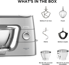 Kenwood Titanium Chef Baker KVC65.001WH, Pastry Robot with Integrated Scales, Including 3-Piece Pastry Set, Spatula & Splash Protection, 1200 W, White