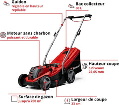 Einhell Tondeuse à gazon sans fil GE-CM 18/33 Li Kit Power X-Change (18V, Largeur de Coupe 33cm, Surface conseillée 200 m²) Livré avec Batterie 4,0 Ah et Chargeur