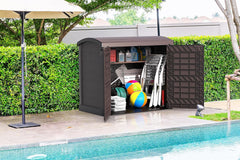 Duramax StoreAway 1200L Plastic Garden Shed/ Flat Lid, Outdoor Storage Shed, Wheelie Bin Hideaways, Wheelie bin box, Durable Construction, Ideal for Bikes, BBQs & 2x 240L Bins, 145x85x125 cm, Brown
