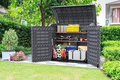Duramax StoreAway 1200L Plastic Garden Shed/ Flat Lid, Outdoor Storage Shed, Wheelie Bin Hideaways, Wheelie bin box, Durable Construction, Ideal for Bikes, BBQs & 2x 240L Bins, 145x85x125 cm, Brown