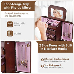 Standing Jewelry Armoire Cabinet with Flip Top Mirror, 4 Drawers, 2 Side Doors & Necklace Hooks, Vintage Wood Jewelry Storage Organizer Chest