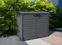 Duramax StoreAway 1200L Plastic Garden Shed/ Flat Lid, Outdoor Storage Shed, Wheelie Bin Hideaways, Wheelie bin box, Durable Construction, Ideal for Bikes, BBQs & 2x 240L Bins, 145x85x125 cm, Brown
