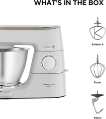 Kenwood Titanium Chef Baker KVC65.001WH, Pastry Robot with Integrated Scales, Including 3-Piece Pastry Set, Spatula & Splash Protection, 1200 W, White