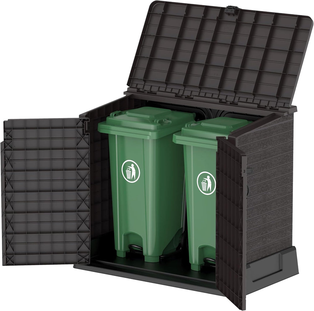 Duramax StoreAway 1200L Plastic Garden Shed/ Flat Lid, Outdoor Storage Shed, Wheelie Bin Hideaways, Wheelie bin box, Durable Construction, Ideal for Bikes, BBQs & 2x 240L Bins, 145x85x125 cm, Brown