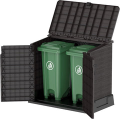 Duramax StoreAway 1200L Plastic Garden Shed/ Flat Lid, Outdoor Storage Shed, Wheelie Bin Hideaways, Wheelie bin box, Durable Construction, Ideal for Bikes, BBQs & 2x 240L Bins, 145x85x125 cm, Brown