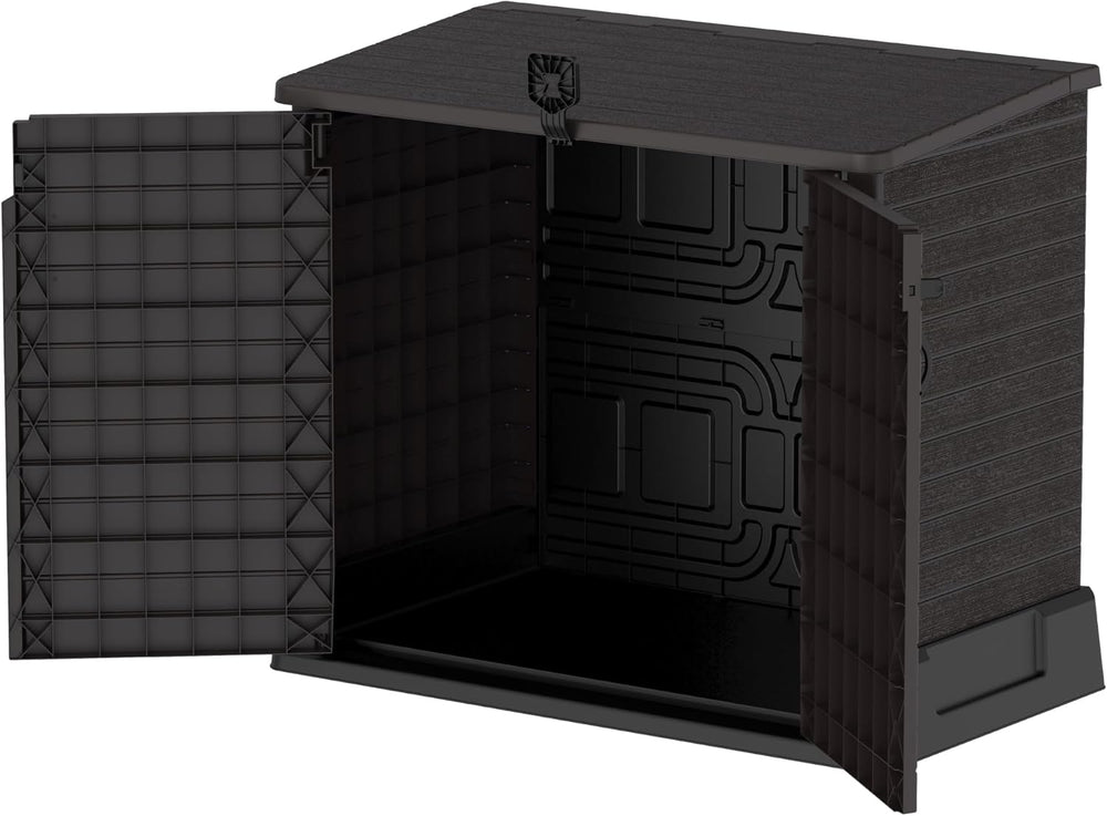 Duramax StoreAway 1200L Plastic Garden Shed/ Flat Lid, Outdoor Storage Shed, Wheelie Bin Hideaways, Wheelie bin box, Durable Construction, Ideal for Bikes, BBQs & 2x 240L Bins, 145x85x125 cm, Brown
