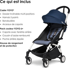 Poussette BABYZEN YOYO2 6+ (Cadre noir + pack couleur Aqua) - Comprend un harnais, un dossier, des arceaux de capote, une bandoulière, un coussin d’assise, et une capote assortie