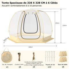 Tente Bulle à Ouverture Instantanée pour 6 à 10 Personnes Tente Dôme d'Extérieur 328 x 328 cm Résistante Aux Intempéries Transparent