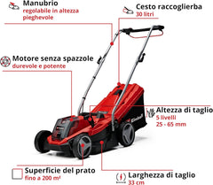 Einhell Tondeuse à gazon sans fil GE-CM 18/33 Li Kit Power X-Change (18V, Largeur de Coupe 33cm, Surface conseillée 200 m²) Livré avec Batterie 4,0 Ah et Chargeur