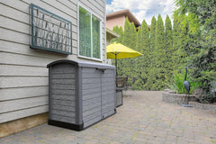 Duramax StoreAway 1200L Plastic Garden Shed/ Flat Lid, Outdoor Storage Shed, Wheelie Bin Hideaways, Wheelie bin box, Durable Construction, Ideal for Bikes, BBQs & 2x 240L Bins, 145x85x125 cm, Brown