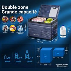AAOBOSI 46 L Glaciere a Compression, Glaciere Electrique Double Zone, 12 V/24 V et 100-240 V Frigo Camping, -20 ℃ à 20 ℃, pour Voiture, Camion, Bateau, Camping-Car