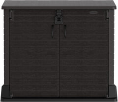 Duramax StoreAway 1200L Plastic Garden Shed/ Flat Lid, Outdoor Storage Shed, Wheelie Bin Hideaways, Wheelie bin box, Durable Construction, Ideal for Bikes, BBQs & 2x 240L Bins, 145x85x125 cm, Brown