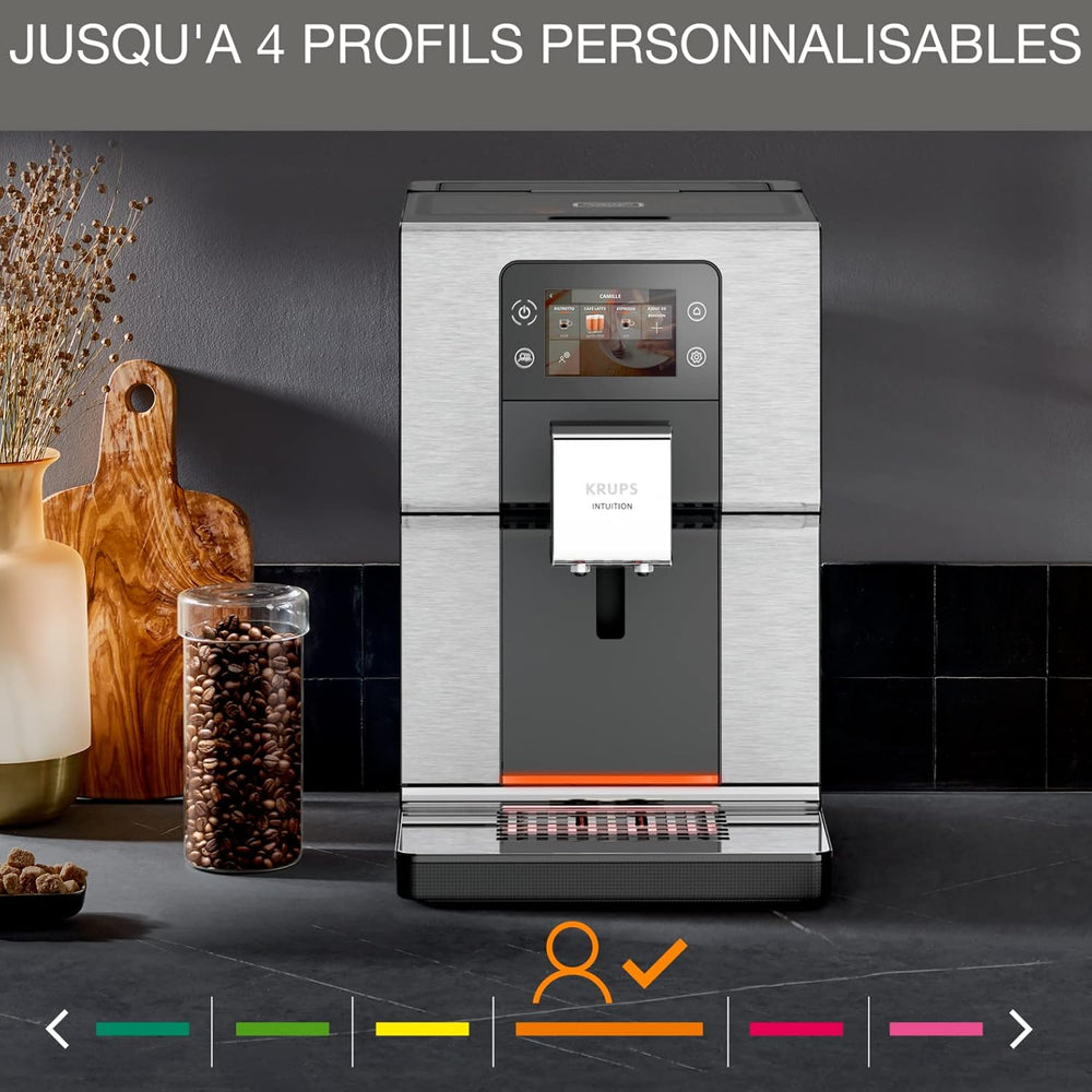 Krups Machine à café broyeur à grain, Ecran tactile couleur, 11 recettes préenregistrées, Indicateurs lumineux intuitif, accès bacs en frontal, Nettoyage facile, Intuition Préférence EA873810