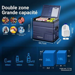 AAOBOSI 46 L Glaciere a Compression, Glaciere Electrique Double Zone, 12 V/24 V et 100-240 V Frigo Camping, -20 ℃ à 20 ℃, pour Voiture, Camion, Bateau, Camping-Car