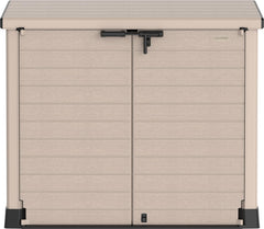 Duramax StoreAway 1200L Plastic Garden Shed/ Flat Lid, Outdoor Storage Shed, Wheelie Bin Hideaways, Wheelie bin box, Durable Construction, Ideal for Bikes, BBQs & 2x 240L Bins, 145x85x125 cm, Brown
