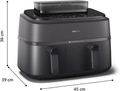Philips Air Fryer 3000 Series Double Basket - Healthy, Fast and Versatile Cooking, 9 Litre Capacity, Touch Screen, Two Drawer Design (NA350/00)
