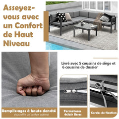 Salon de Jardin Extérieur avec Table Basse en Verre Trempé Canapéavec Dossier Inclinable à 6 Niveaux Coussins Inclus Gris