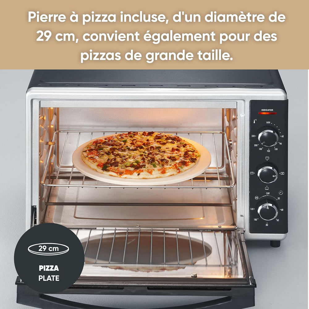 SEVERIN Mini-Four à chaleur tournante 42 L avec pierre à pizza et tournebroche, Four posable 1 800 W design élégant, électrique avec minuteur 120 min, Noir/Inox, TO 2058