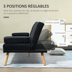 HOMCOM Canapé Convertible 3 Places Design scandinave Inclinaison Dossier réglable 3 Niveaux Dossier Centrale Rabattable 2 Porte-Verres Bois Massif Lin Gris