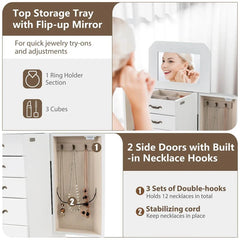 Standing Jewelry Armoire Cabinet with Flip Top Mirror, 4 Drawers, 2 Side Doors & Necklace Hooks, Vintage Wood Jewelry Storage Organizer Chest