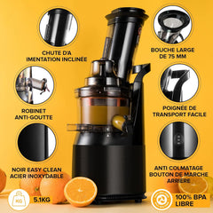 Slow Chewing, Slow Juicer, Fresh and Healthy Juice, Sorbet, Ice Cream, Mouth 75 mm, BPA Free, 240 Watts, Cold Pressure, Stainless Steel Black Fridja f1900